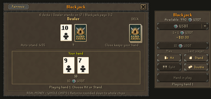 Blackjack gameplay with the cards and action sidebar in Sand Arena
